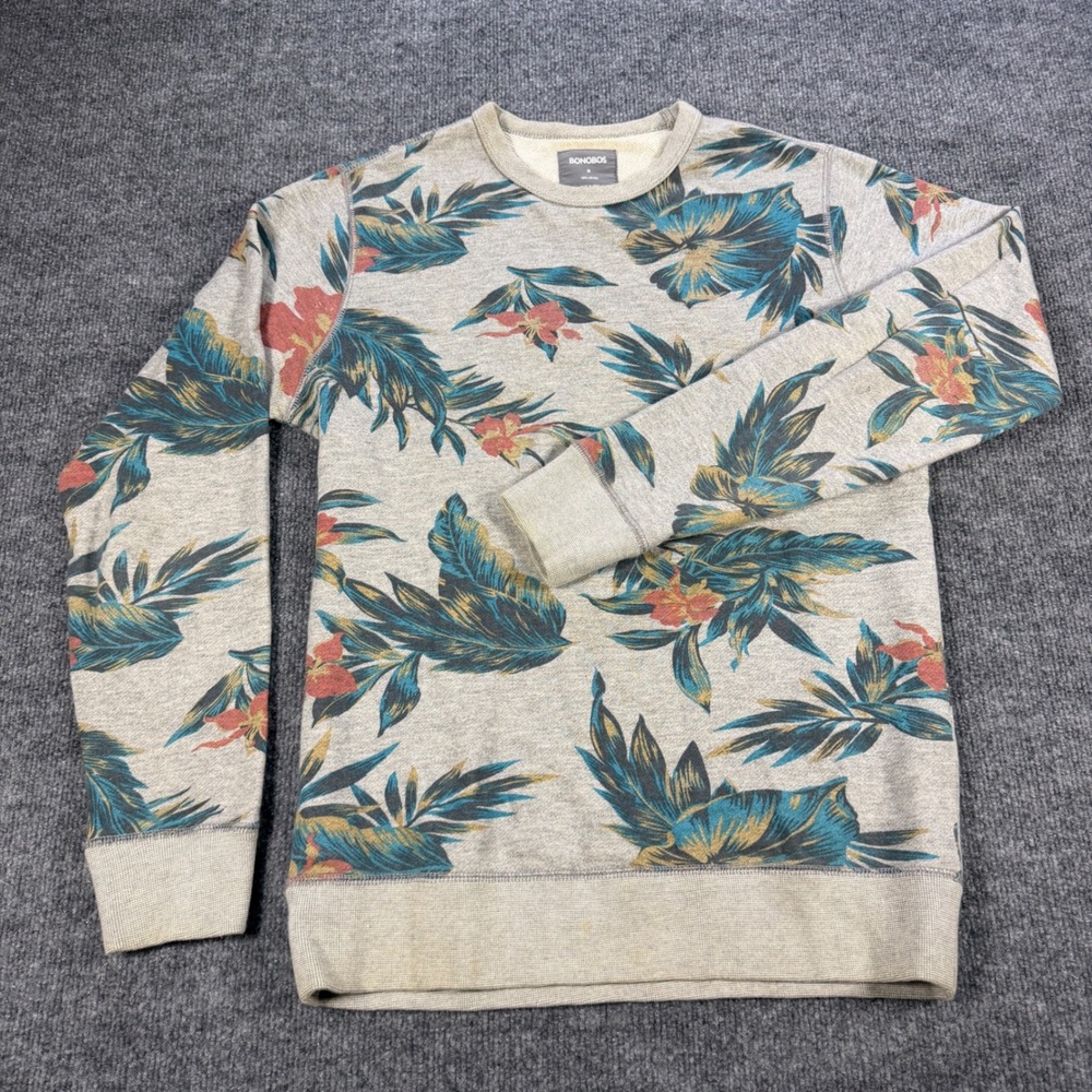 Kitsch Bonobos Mens Floral Tropical Print Crew Neck Sweatshirt Grey Cotton  M